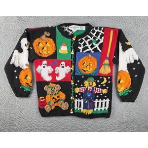 Vintage The Eagle's Eye Hand Knitted Halloween Cardigan Ghost Scarecrow Large